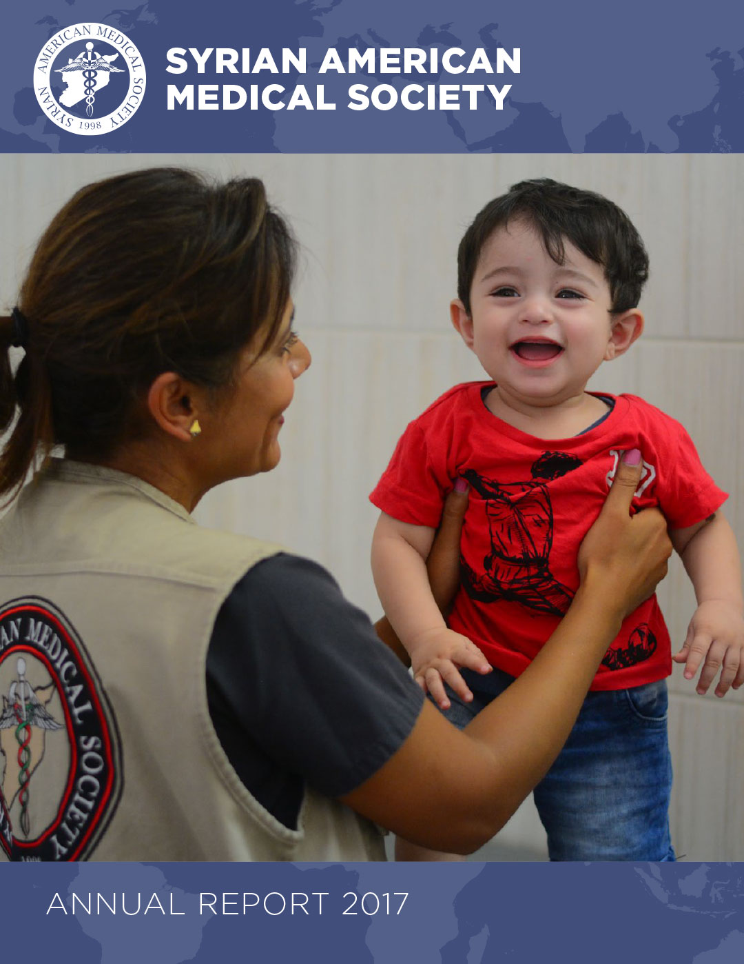 Annual report cover showing medical worker and child