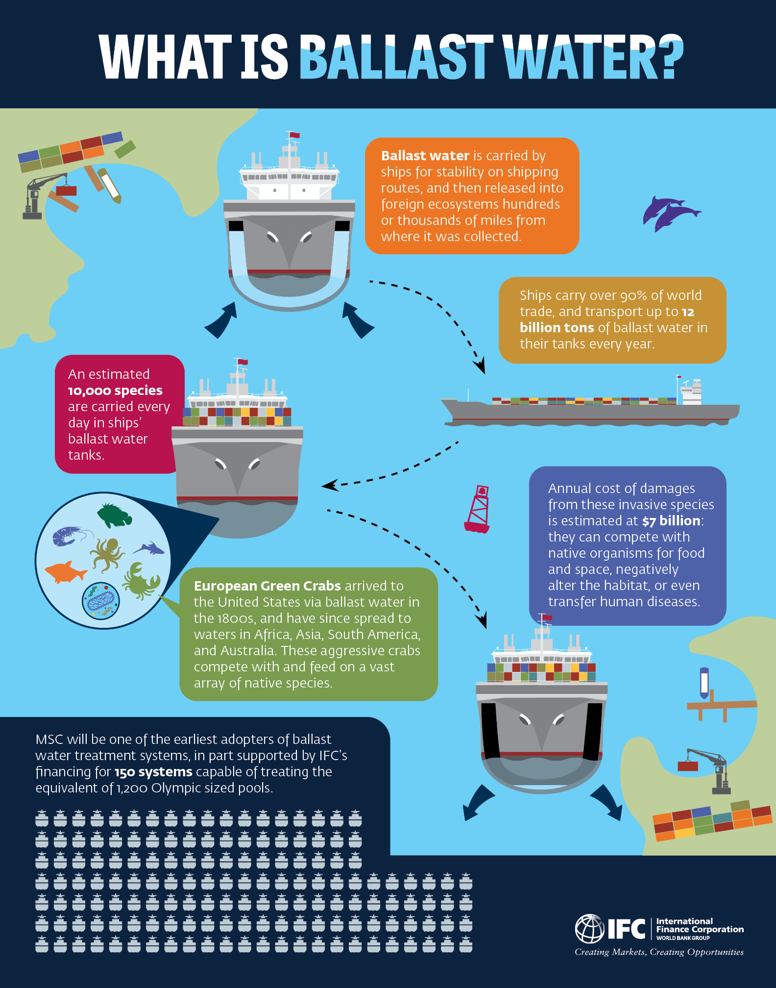 Graphic showing ships and cargo, marine creatures