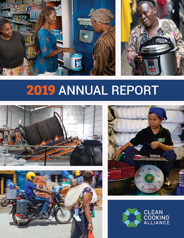 Annual report cover showing various people and stoves